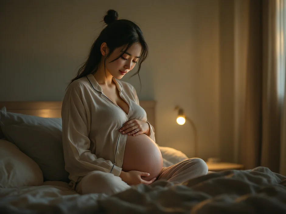夜中にベッドから起き上がる妊婦さんのイメージ｜妊娠中にトイレが近くなるシーン
