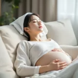 おでこに冷たいタオルをのせて休む妊婦さんのイメージ|妊娠中の頭痛でひと休みするシーン