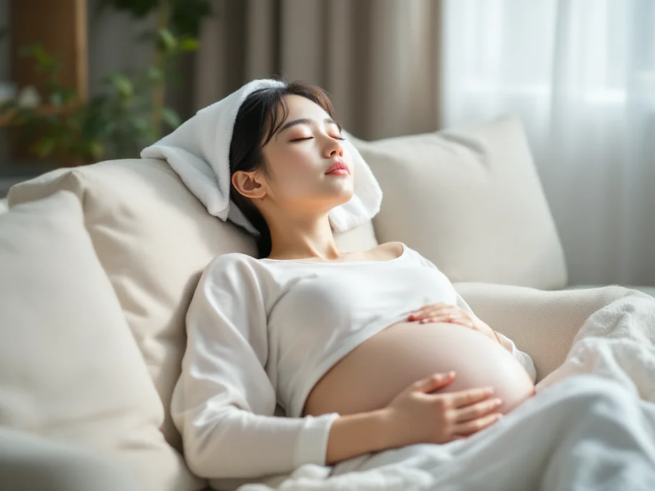 おでこに冷たいタオルをのせて休む妊婦さんのイメージ｜妊娠中の頭痛でひと休みするシーン