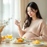 少量ずつの食事のあと背筋を伸ばして座る妊婦さんのイメージ｜妊娠中の胸焼けを防ぐシーン