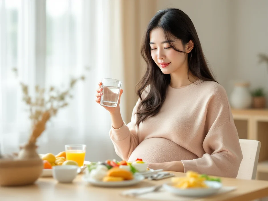 少量ずつの食事のあと背筋を伸ばして座る妊婦さんのイメージ｜妊娠中の胸焼けを防ぐシーン