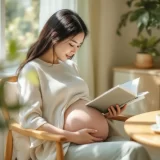 クッションに座って読書する妊婦さんのイメージ|妊娠中の痔をいたわって過ごすシーン