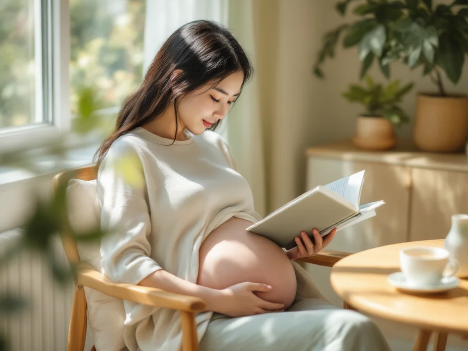 クッションに座って読書する妊婦さんのイメージ｜妊娠中の痔をいたわって過ごすシーン