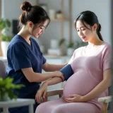 看護師に血圧を測ってもらう妊婦さんのイメージ｜妊娠高血圧症候群の健診のシーン