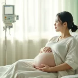 病室のベッドで夫と出産を待つ妊婦さんのイメージ|誘発分娩で入院したシーン