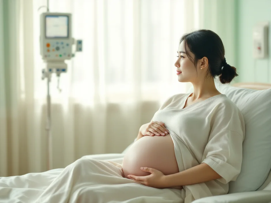 病室のベッドで夫と出産を待つ妊婦さんのイメージ｜誘発分娩で入院したシーン