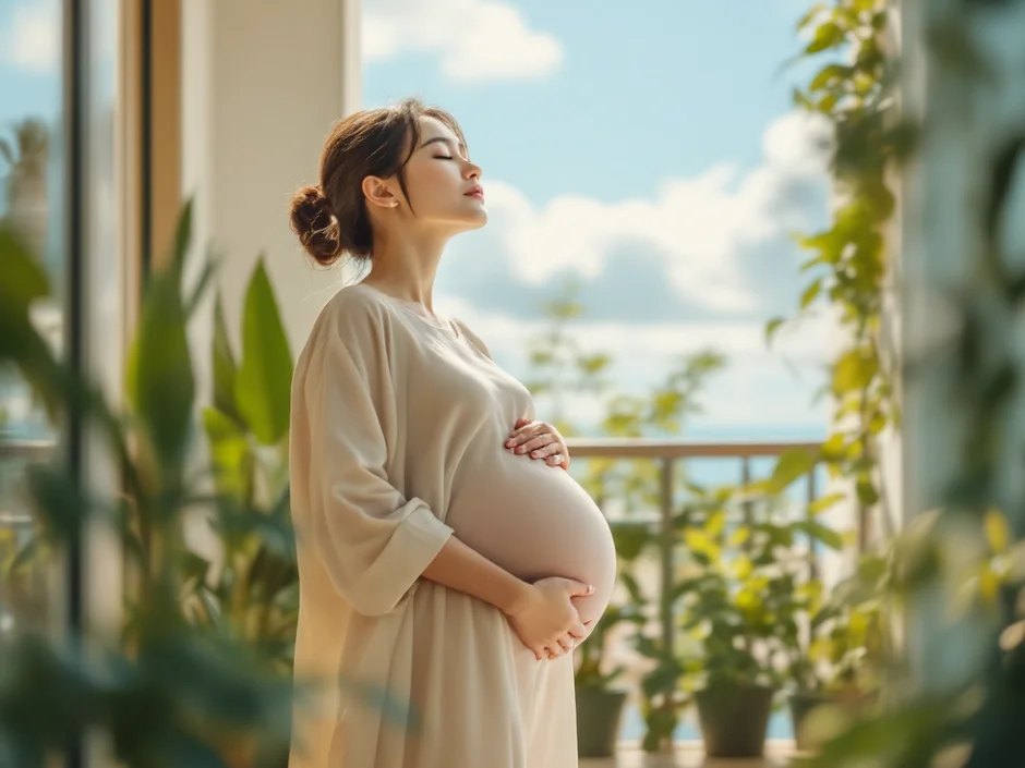 ベランダで深呼吸する妊婦さんのイメージ｜妊娠中のイライラを切り替えるシーン