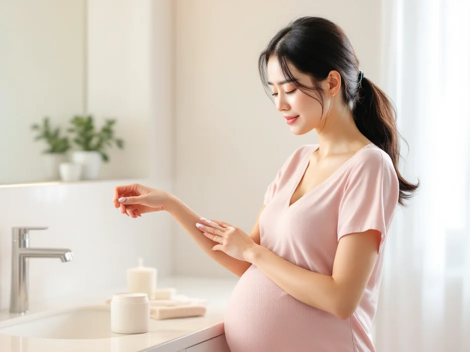 腕に保湿クリームを塗る妊婦さんのイメージ｜妊娠中のかゆみをケアするシーン