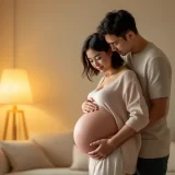 夫に腰をさすってもらいながら陣痛に耐える妊婦さんのイメージ｜陣痛が始まったシーン
