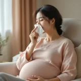 少し前かがみで鼻を押さえる妊婦さんのイメージ|妊娠中の鼻血を止めるシーン