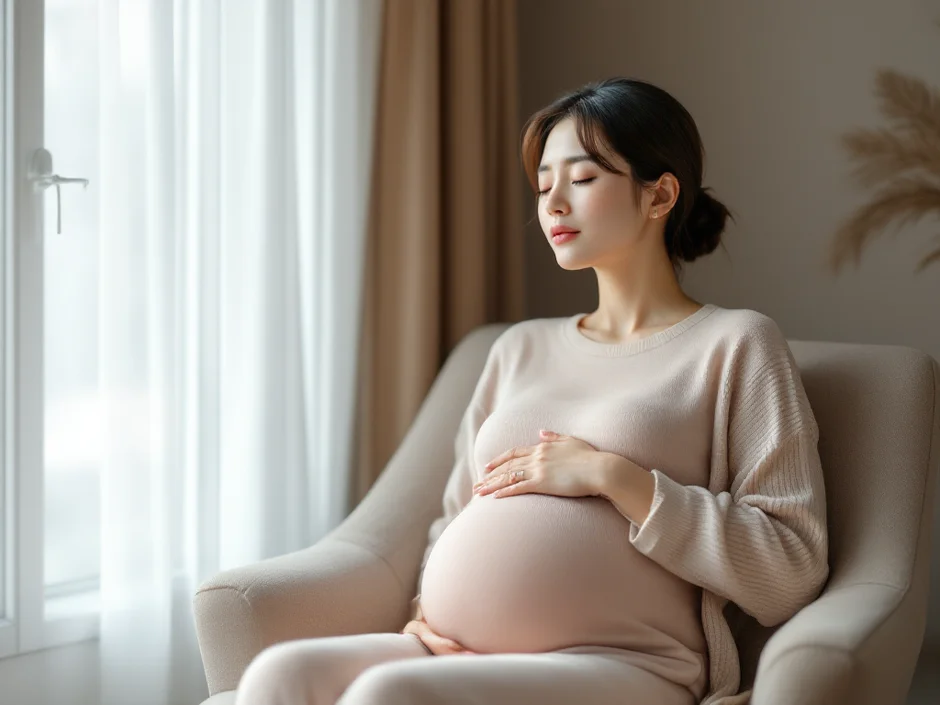 いすに座ってゆっくり深呼吸する妊婦さんのイメージ｜妊娠中の動悸を落ち着けるシーン