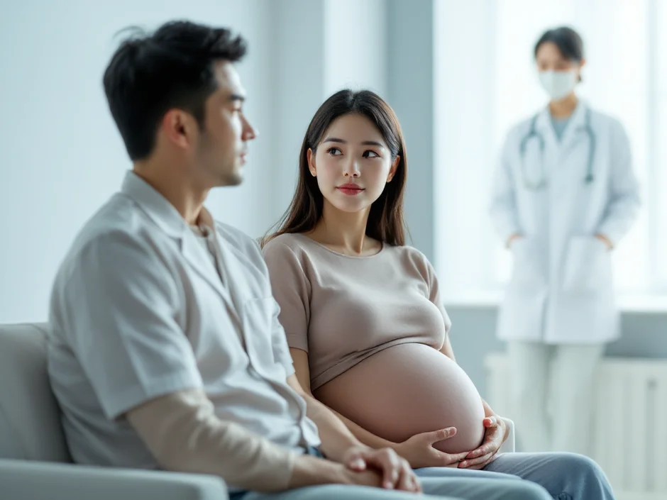 医師の説明を夫婦で聞く妊婦さんのイメージ｜前置胎盤の診断を受けるシーン