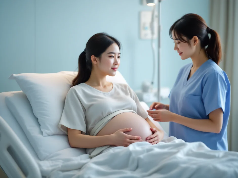 病院のベッドで看護師に見守られる妊婦さんのイメージ｜常位胎盤早期剥離で受診するシーン