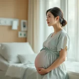 病室の窓辺に立つ妊婦さんのイメージ|羊水過多で経過を見るシーン
