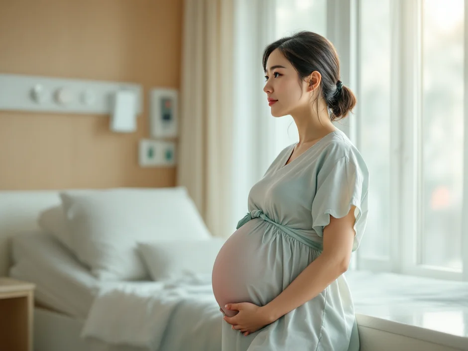 病室の窓辺に立つ妊婦さんのイメージ｜羊水過多で経過を見るシーン