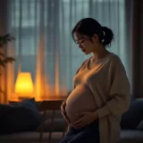 夜、いすの背にもたれて呼吸を整える臨月の妊婦さんのイメージ｜前駆陣痛を感じるシーン