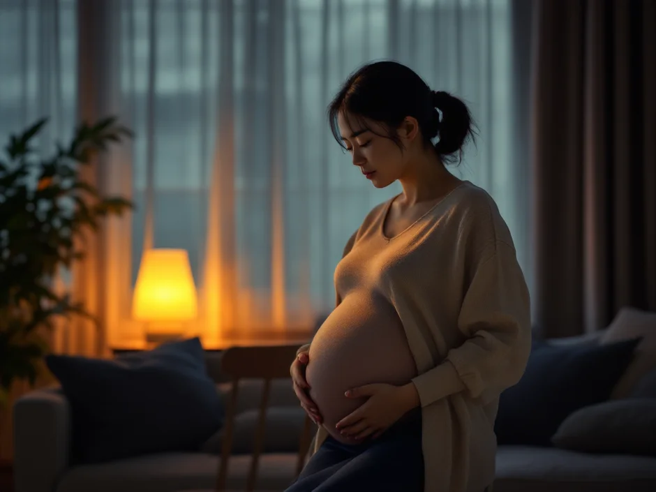 夜、いすの背にもたれて呼吸を整える臨月の妊婦さんのイメージ｜前駆陣痛を感じるシーン