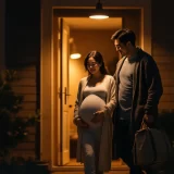 夜、入院バッグを持って家を出る夫婦のイメージ｜破水して病院へ向かうシーン
