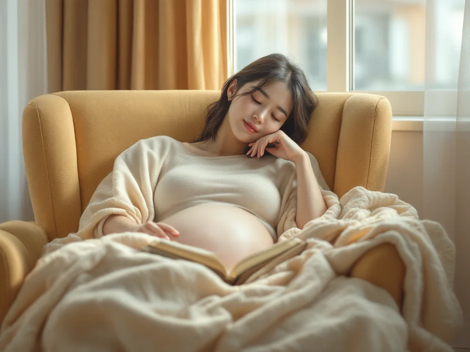 いすで本を手にうたた寝する妊婦さんのイメージ｜妊娠中にずっと眠いシーン