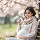 春の公園でティッシュを手にする妊婦さんのイメージ｜妊娠中のくしゃみが気になるシーン