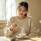 温かい汁物をゆっくり飲む妊婦さんのイメージ｜妊娠中の胃痛をやわらげるシーン
