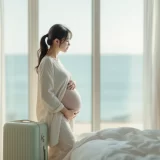 ホテルの窓辺で海を眺める妊娠中の女性のイメージ｜妊娠中の旅行を楽しむシーン