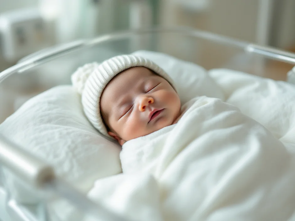 新生児室で帽子をかぶって眠る赤ちゃんのイメージ｜吸引分娩で生まれた赤ちゃんのシーン