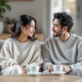 ソファで静かに話し合う夫婦のイメージ｜出生前診断を受けるかどうか二人で考えるシーン