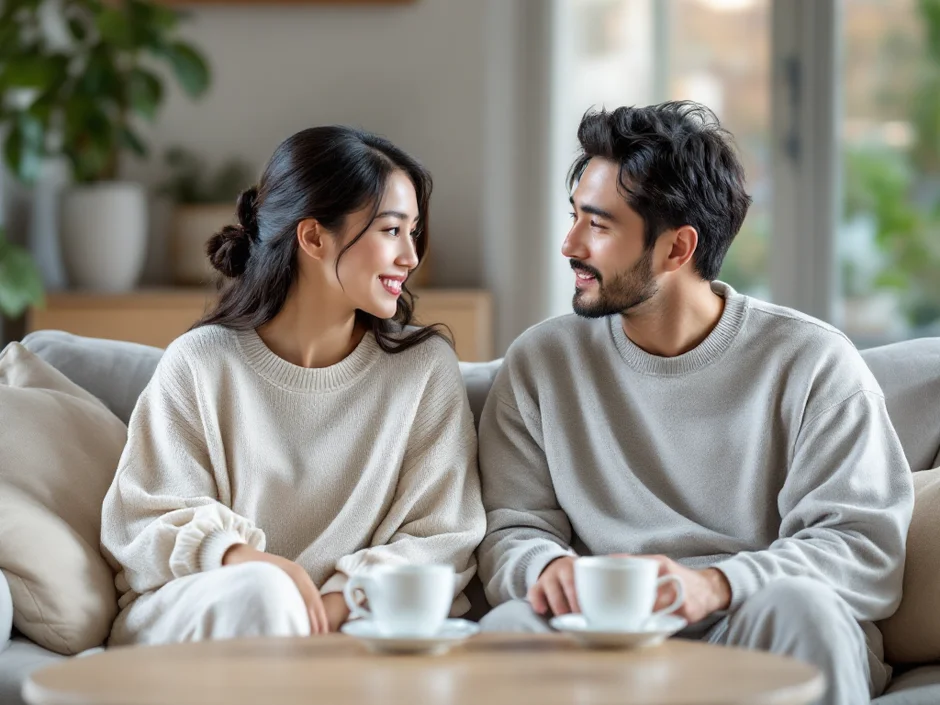 ソファで静かに話し合う夫婦のイメージ｜出生前診断を受けるかどうか二人で考えるシーン