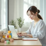 子どものおもちゃのそばでパソコン作業をするママのイメージ｜時短勤務で働くシーン