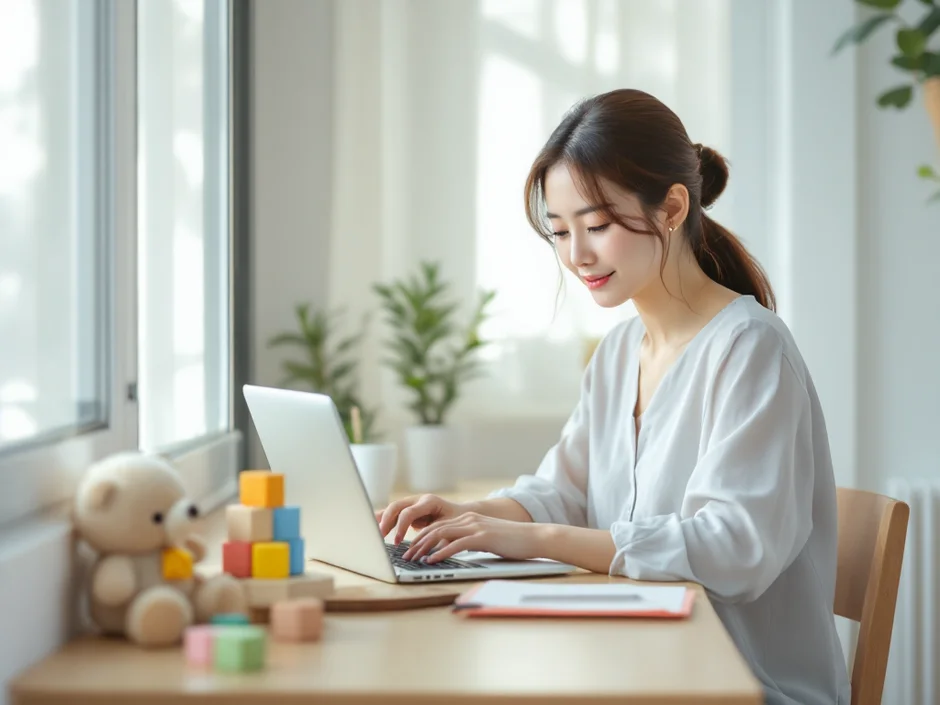 子どものおもちゃのそばでパソコン作業をするママのイメージ｜時短勤務で働くシーン