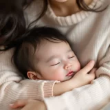 ママのひざで甘えてうとうとする1歳くらいの赤ちゃんのイメージ｜突発性発疹で不機嫌な時期を乗り切るシーン