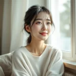 窓辺で落ち着いた表情の女性のイメージ｜赤ちゃんの突発性発疹を見守るシーン