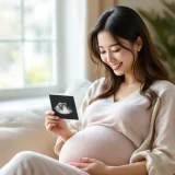 エコー写真を見つめてほほえむ妊娠中の女性のイメージ｜赤ちゃんのエコー写真を楽しむシーン