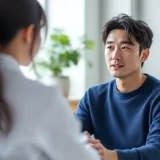 診察室で医師の説明を聞く男性のイメージ｜精索静脈瘤の診断と治療について相談するシーン