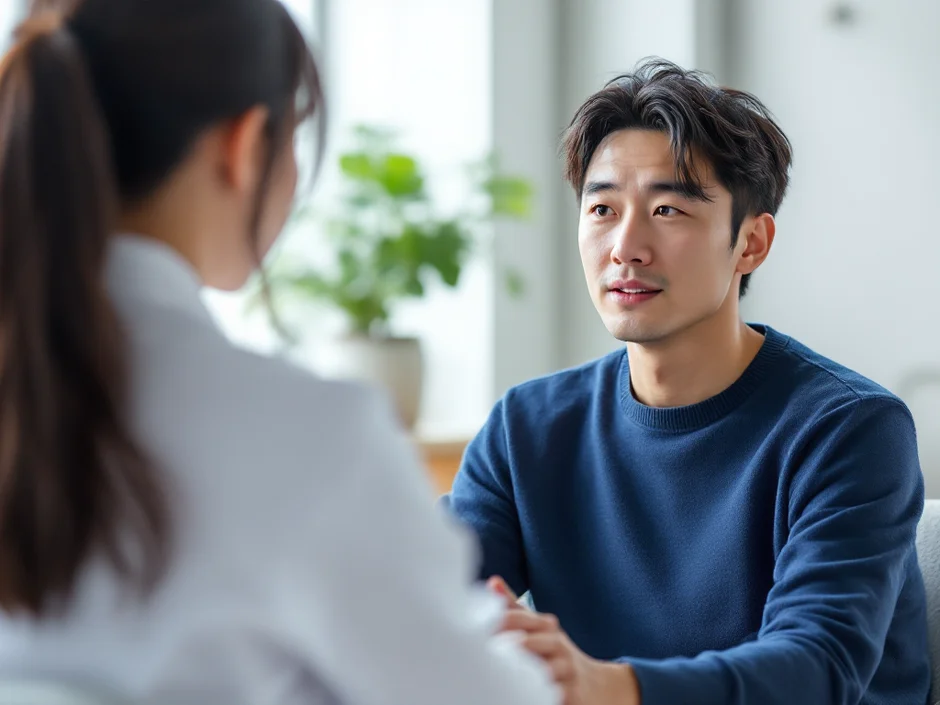 診察室で医師の説明を聞く男性のイメージ｜精索静脈瘤の診断と治療について相談するシーン